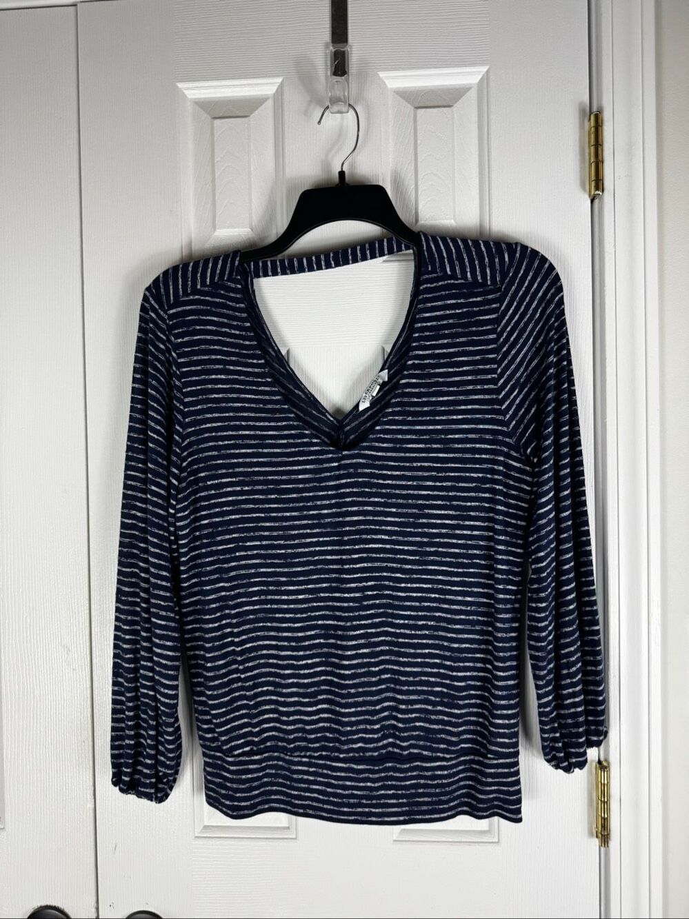 Liverpool Los Angeles Womens Navy Blue Striped V Neck Front Twist Long Sleeve To